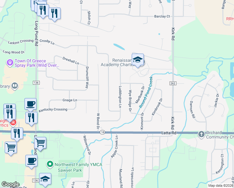 map of restaurants, bars, coffee shops, grocery stores, and more near 183 Luddington Lane in Rochester