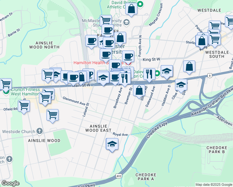 map of restaurants, bars, coffee shops, grocery stores, and more near in Hamilton