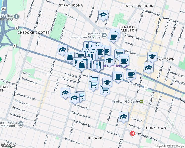 map of restaurants, bars, coffee shops, grocery stores, and more near 181 Main Street West in Hamilton