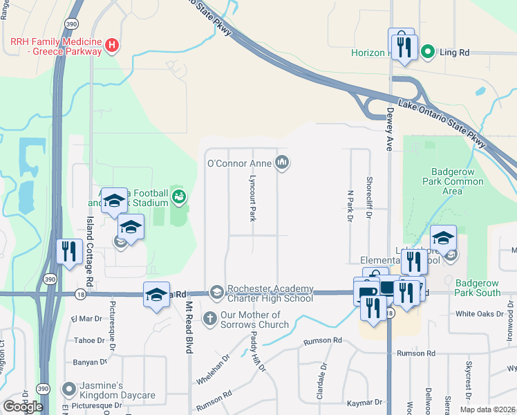 map of restaurants, bars, coffee shops, grocery stores, and more near 60 Lyncourt Park in Rochester