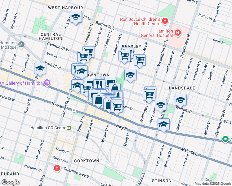 map of restaurants, bars, coffee shops, grocery stores, and more near in Hamilton