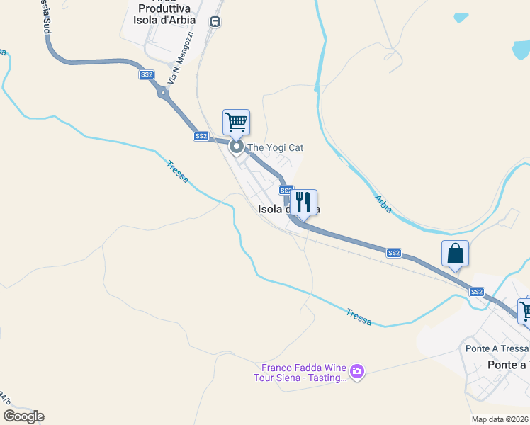 map of restaurants, bars, coffee shops, grocery stores, and more near 7 Via della Gabella in Isola d'Arbia