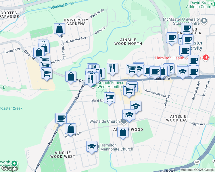 map of restaurants, bars, coffee shops, grocery stores, and more near 10 Ewen Road in Hamilton