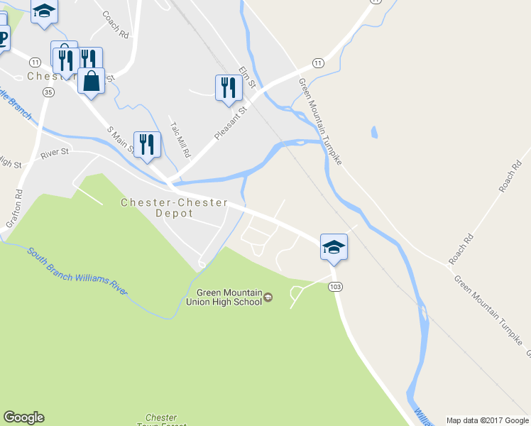 map of restaurants, bars, coffee shops, grocery stores, and more near 433 Vermont 103 in Chester