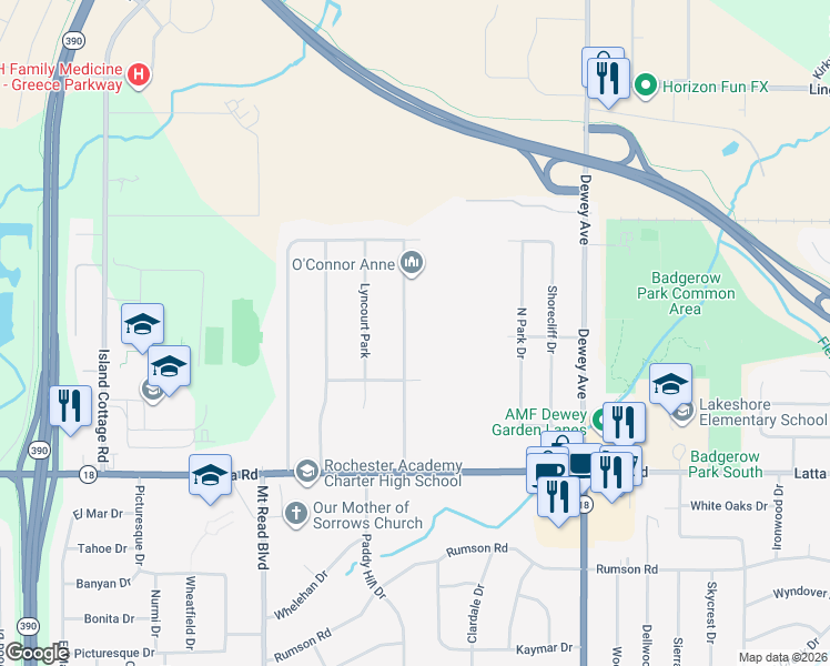 map of restaurants, bars, coffee shops, grocery stores, and more near 202 Summit Hill Drive in Rochester