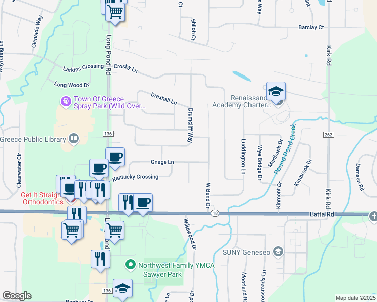 map of restaurants, bars, coffee shops, grocery stores, and more near 327 Drumcliff Way in Rochester