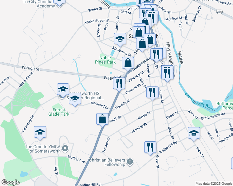 map of restaurants, bars, coffee shops, grocery stores, and more near 203 High Street in Somersworth