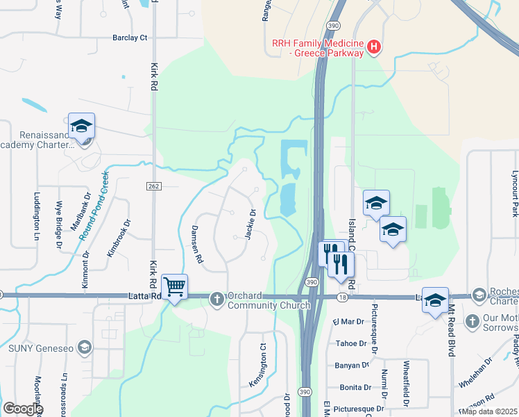 map of restaurants, bars, coffee shops, grocery stores, and more near 106 Jackie Drive in Rochester