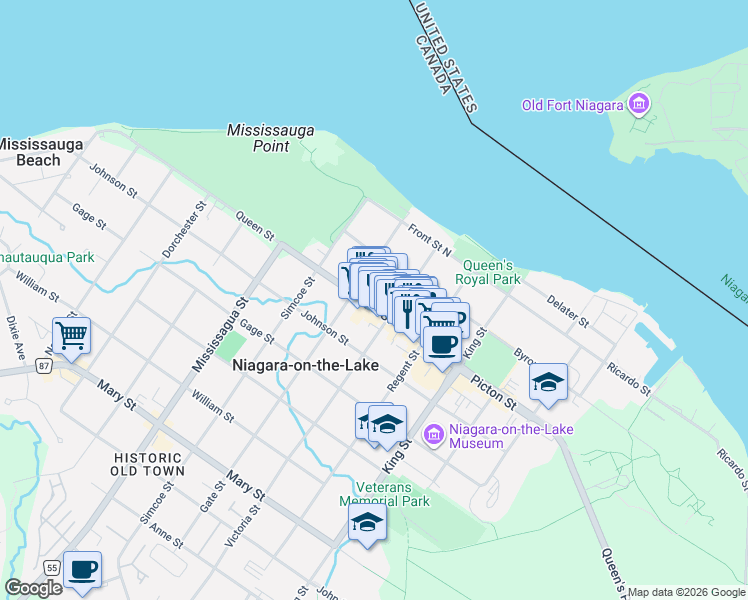 map of restaurants, bars, coffee shops, grocery stores, and more near 125 Queen Street in Niagara-on-the-Lake
