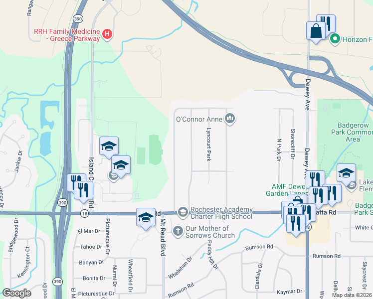 map of restaurants, bars, coffee shops, grocery stores, and more near 202 Arcadia Parkway in Rochester