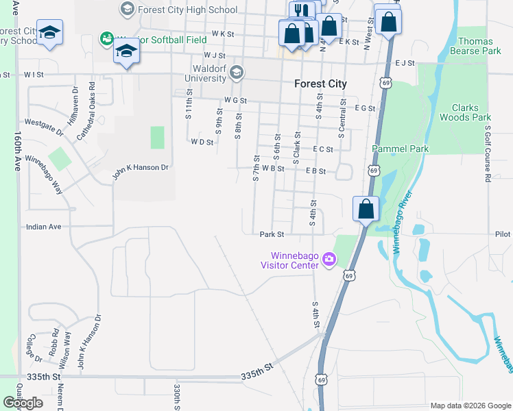 map of restaurants, bars, coffee shops, grocery stores, and more near 735 South 7th Street in Forest City