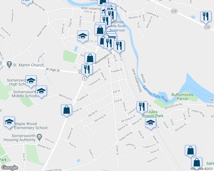 map of restaurants, bars, coffee shops, grocery stores, and more near 42 Franklin Street in Somersworth