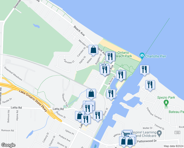 map of restaurants, bars, coffee shops, grocery stores, and more near 61 Fleming Street in Rochester