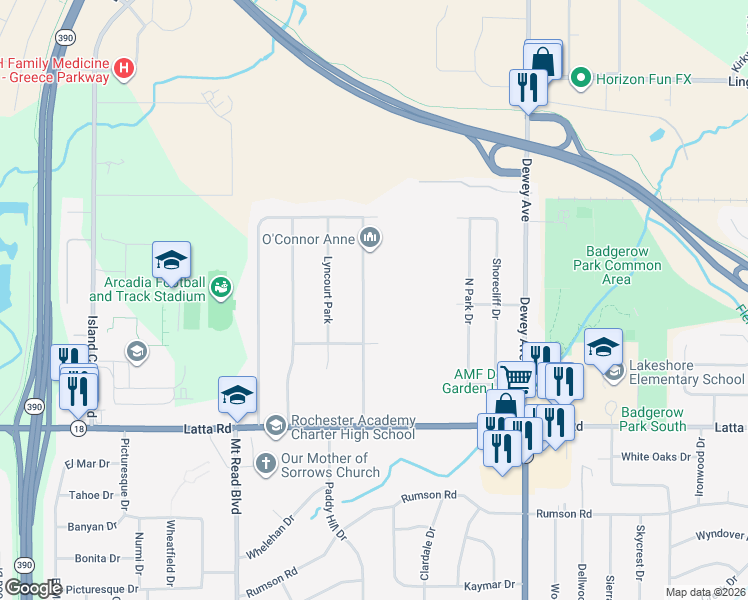 map of restaurants, bars, coffee shops, grocery stores, and more near 202 Summit Hill Drive in Rochester