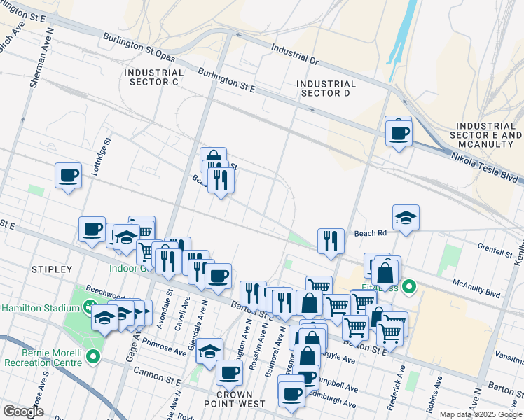 map of restaurants, bars, coffee shops, grocery stores, and more near 21 Depew Street in Hamilton
