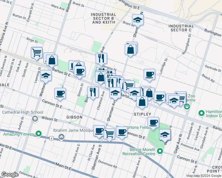 map of restaurants, bars, coffee shops, grocery stores, and more near 653 Barton Street East in Hamilton