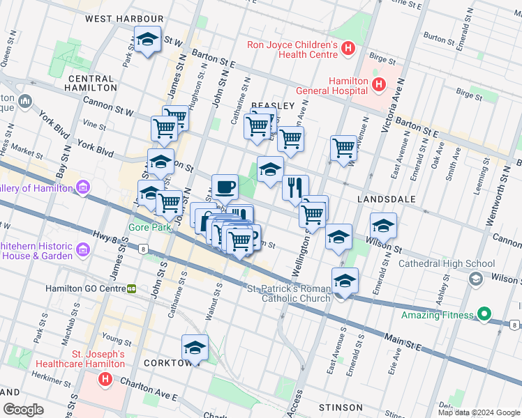 map of restaurants, bars, coffee shops, grocery stores, and more near in Hamilton