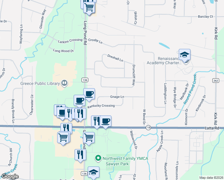 map of restaurants, bars, coffee shops, grocery stores, and more near 175 Drumcliff Way in Rochester