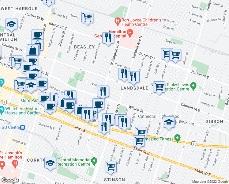 map of restaurants, bars, coffee shops, grocery stores, and more near 124 West Avenue North in Hamilton
