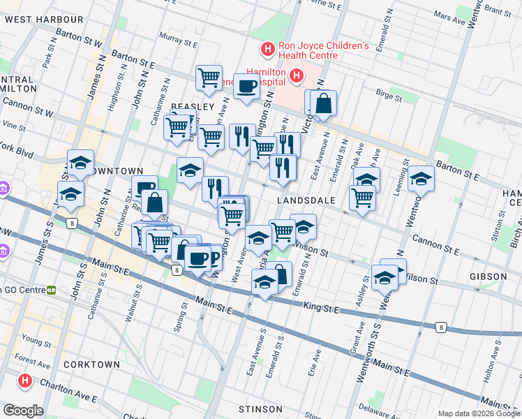 map of restaurants, bars, coffee shops, grocery stores, and more near 124 West Avenue North in Hamilton