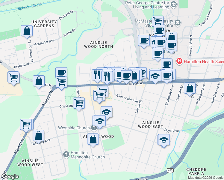 map of restaurants, bars, coffee shops, grocery stores, and more near 16 Kingsmount Street South in Hamilton