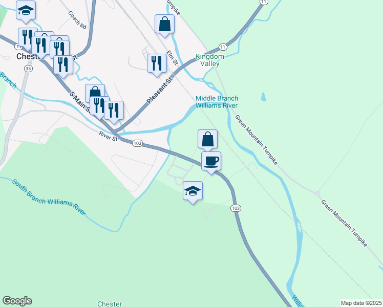 map of restaurants, bars, coffee shops, grocery stores, and more near 433 Vermont 103 in Chester
