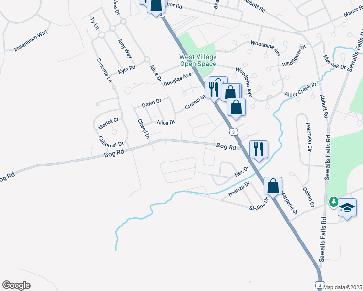map of restaurants, bars, coffee shops, grocery stores, and more near 45 Bog Road in Concord
