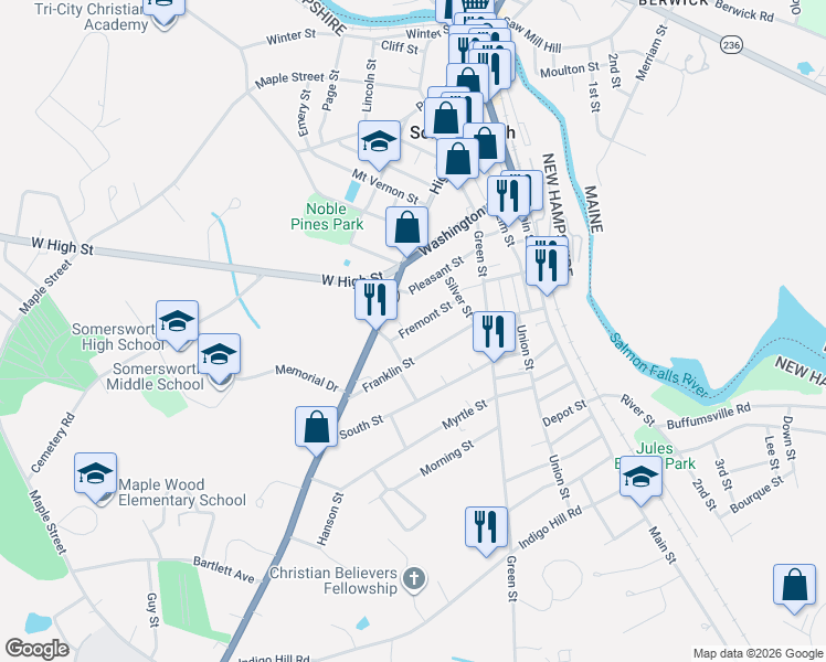 map of restaurants, bars, coffee shops, grocery stores, and more near 30 Fremont Street in Somersworth