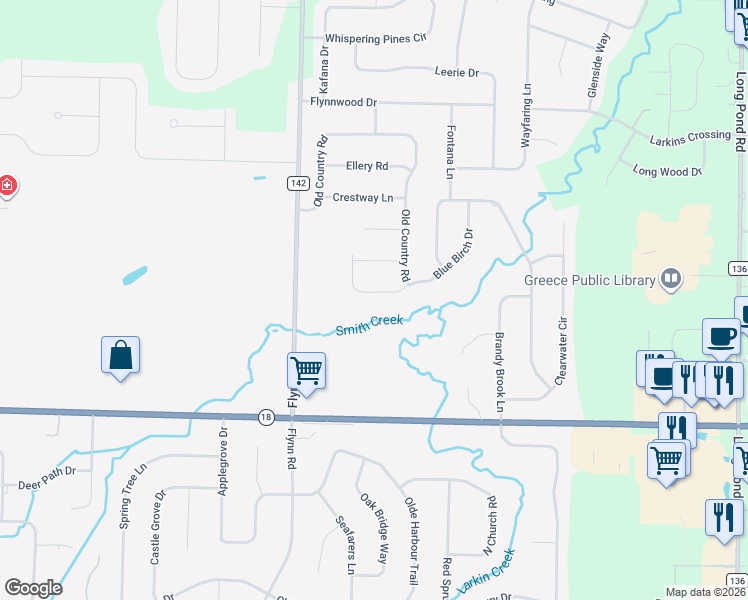 map of restaurants, bars, coffee shops, grocery stores, and more near 760 Old Country Road in Rochester