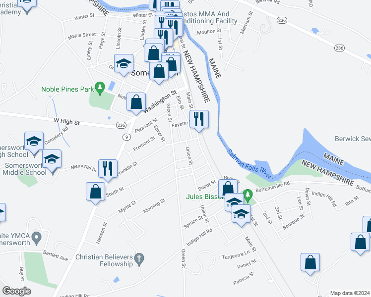 map of restaurants, bars, coffee shops, grocery stores, and more near 7 Union Street in Somersworth