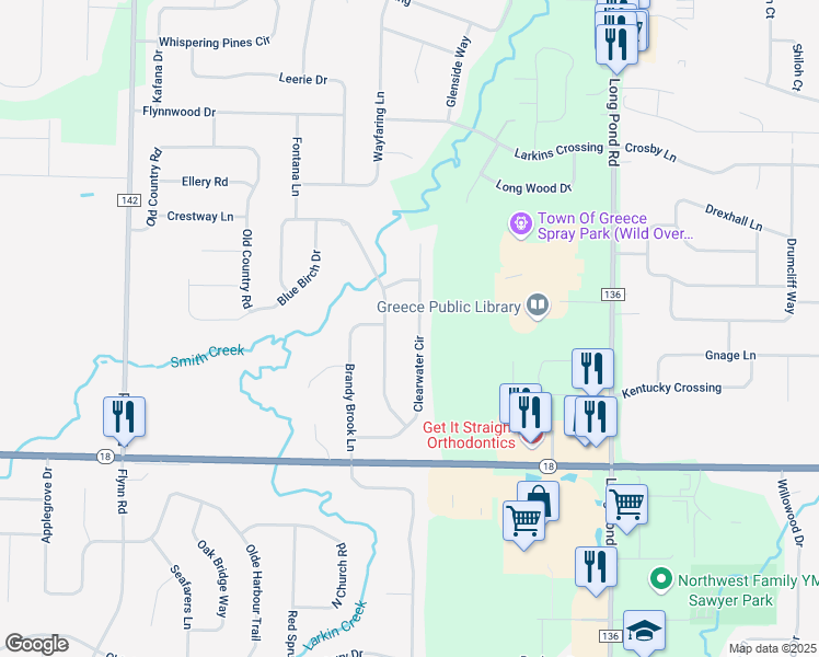 map of restaurants, bars, coffee shops, grocery stores, and more near 164 Clearwater Circle in Rochester