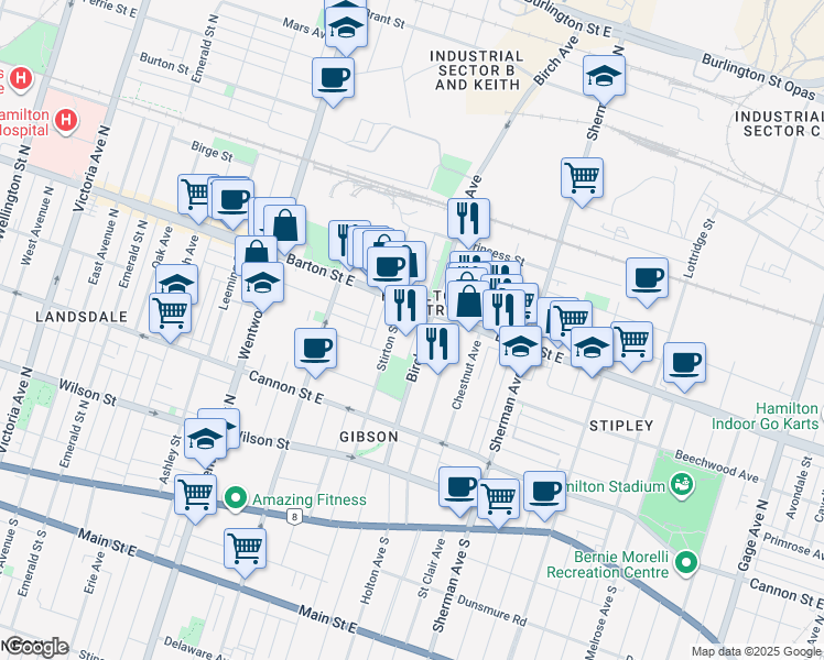 map of restaurants, bars, coffee shops, grocery stores, and more near 129 Birch Avenue in Hamilton