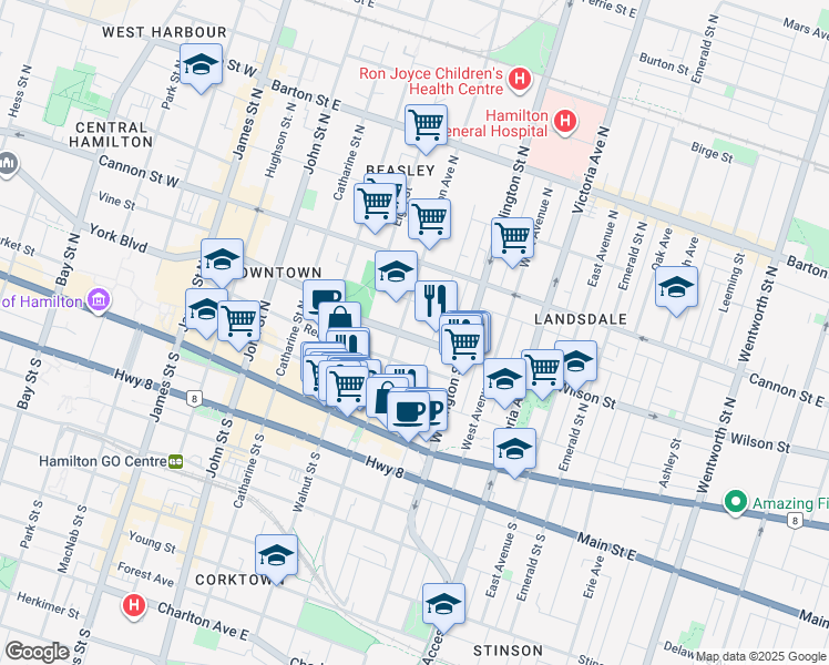 map of restaurants, bars, coffee shops, grocery stores, and more near 177 Wilson Street in Hamilton