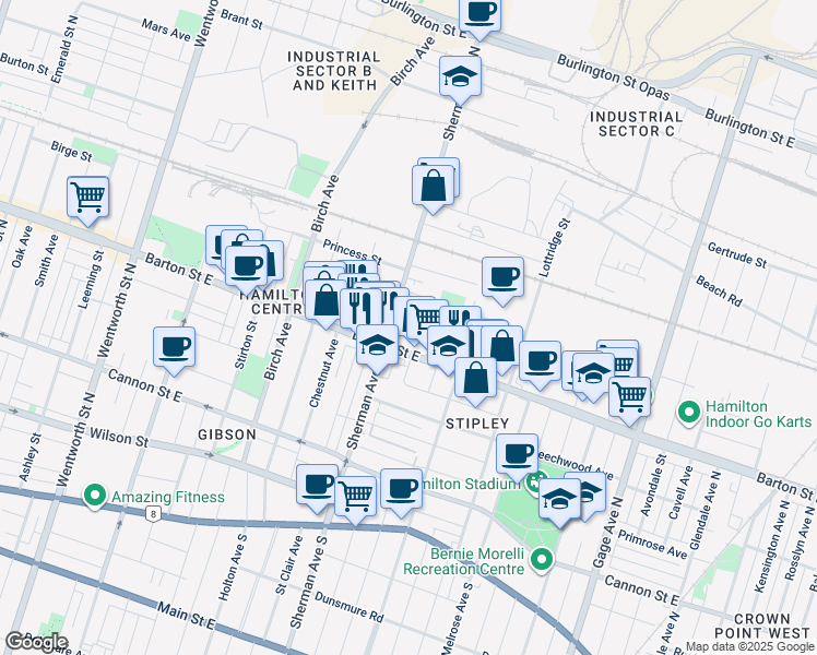 map of restaurants, bars, coffee shops, grocery stores, and more near 14 Case Street in Hamilton