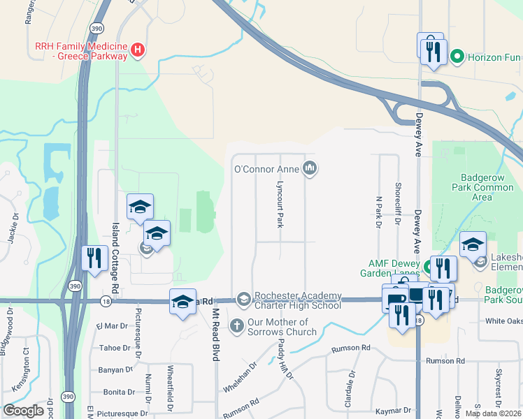 map of restaurants, bars, coffee shops, grocery stores, and more near 202 Arcadia Parkway in Rochester