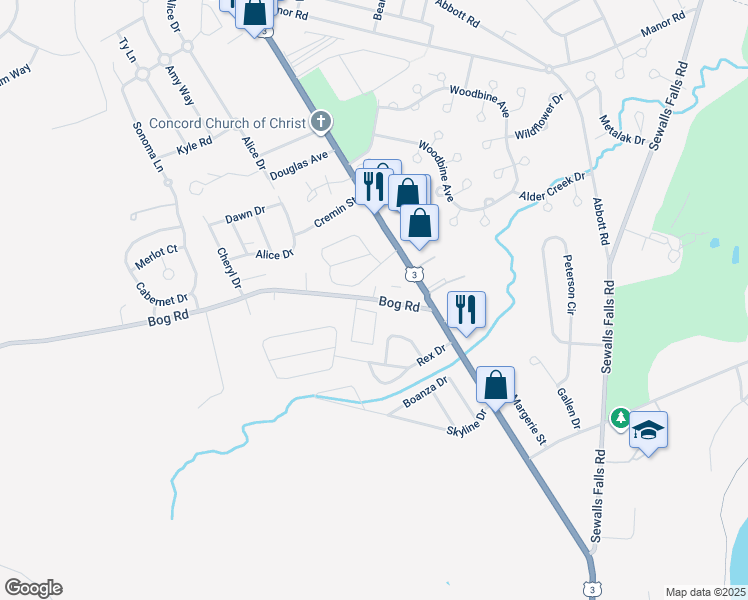map of restaurants, bars, coffee shops, grocery stores, and more near 17-29 Bog Road in Concord