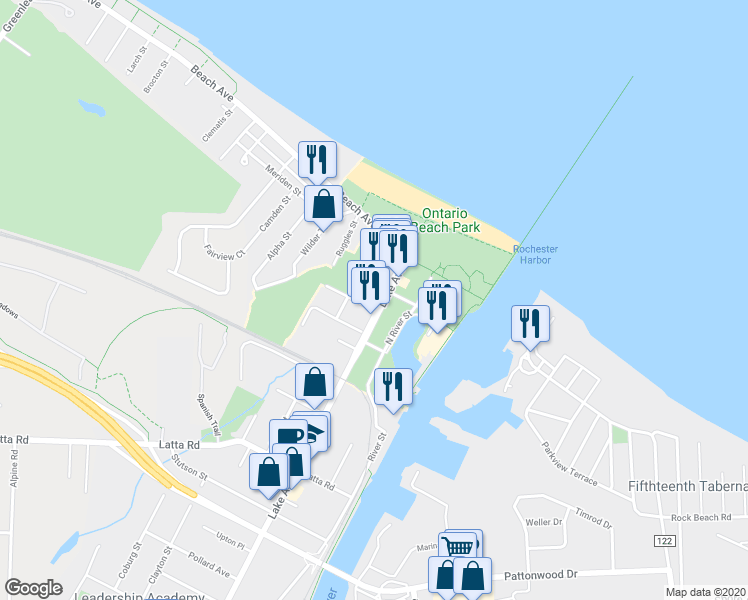 map of restaurants, bars, coffee shops, grocery stores, and more near 4725 Lake Avenue in Rochester