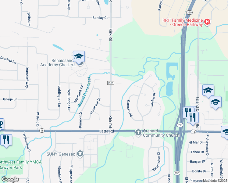 map of restaurants, bars, coffee shops, grocery stores, and more near 198 Kirk Road in Rochester