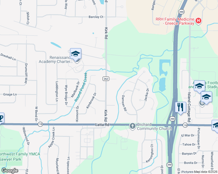 map of restaurants, bars, coffee shops, grocery stores, and more near 198 Kirk Road in Rochester