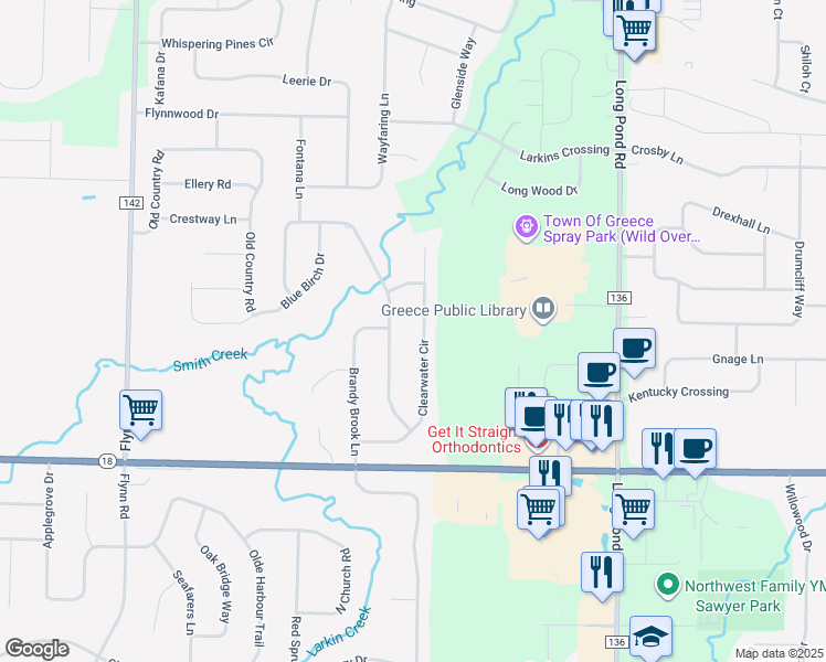 map of restaurants, bars, coffee shops, grocery stores, and more near 164 Clearwater Circle in Rochester