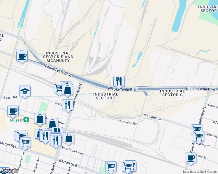 map of restaurants, bars, coffee shops, grocery stores, and more near 3000 Burlington Street East in Hamilton