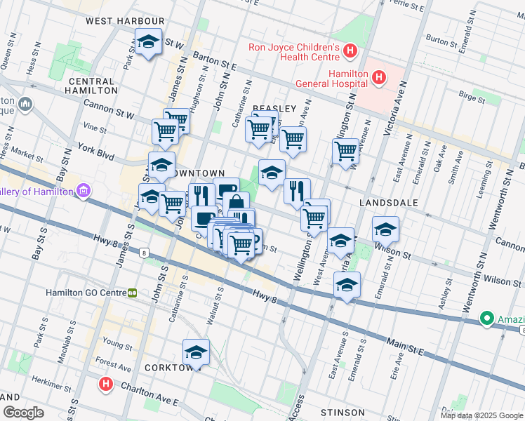 map of restaurants, bars, coffee shops, grocery stores, and more near in Hamilton