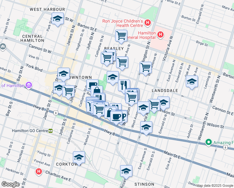map of restaurants, bars, coffee shops, grocery stores, and more near 175 Wilson Street in Hamilton