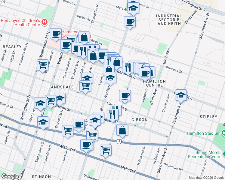 map of restaurants, bars, coffee shops, grocery stores, and more near 160 Wentworth Street North in Hamilton