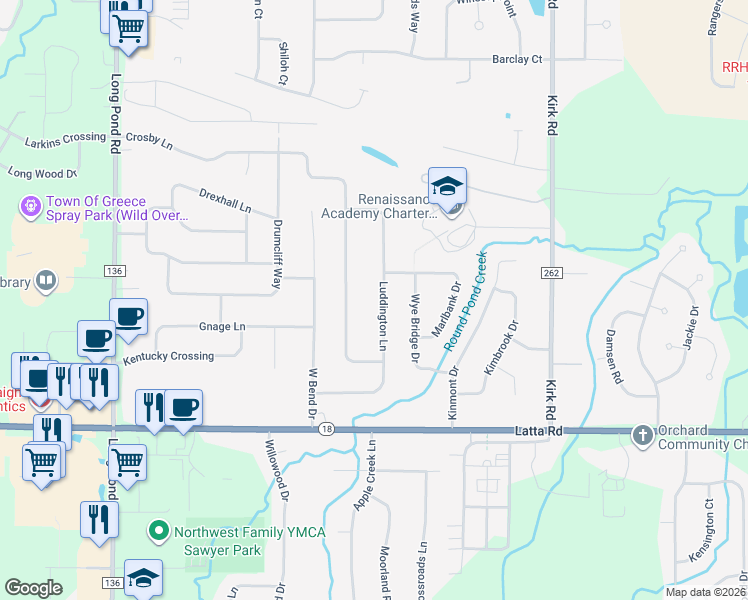 map of restaurants, bars, coffee shops, grocery stores, and more near 183 Luddington Ln in Rochester
