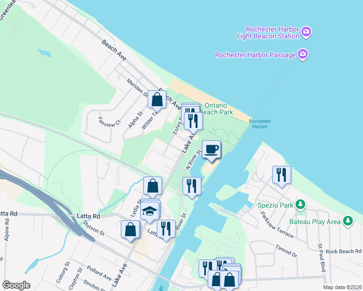 map of restaurants, bars, coffee shops, grocery stores, and more near 4725 Lake Avenue in Rochester