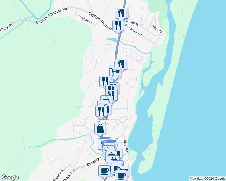 map of restaurants, bars, coffee shops, grocery stores, and more near 294 Main Street in Ogunquit