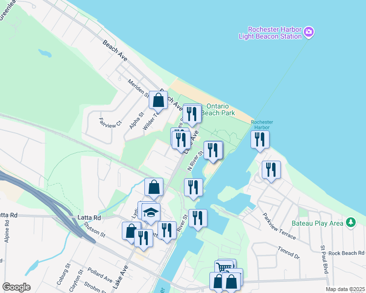 map of restaurants, bars, coffee shops, grocery stores, and more near 4725 Lake Avenue in Rochester