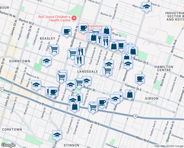 map of restaurants, bars, coffee shops, grocery stores, and more near 334 Cannon Street East in Hamilton