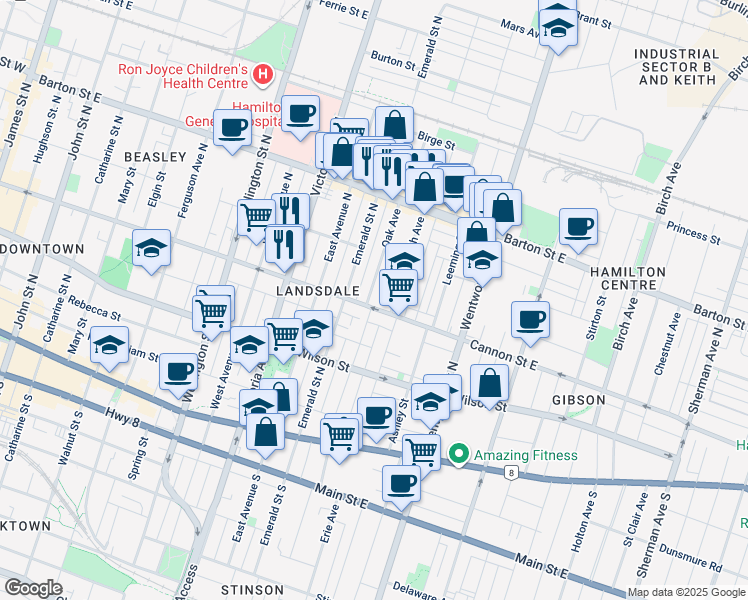 map of restaurants, bars, coffee shops, grocery stores, and more near in Hamilton